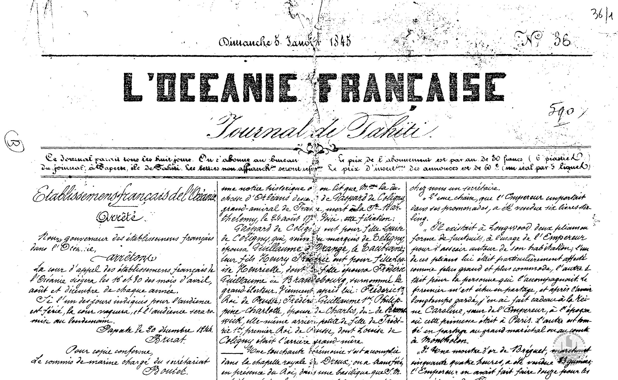 L’Océanie Française – Journal de Tahiti