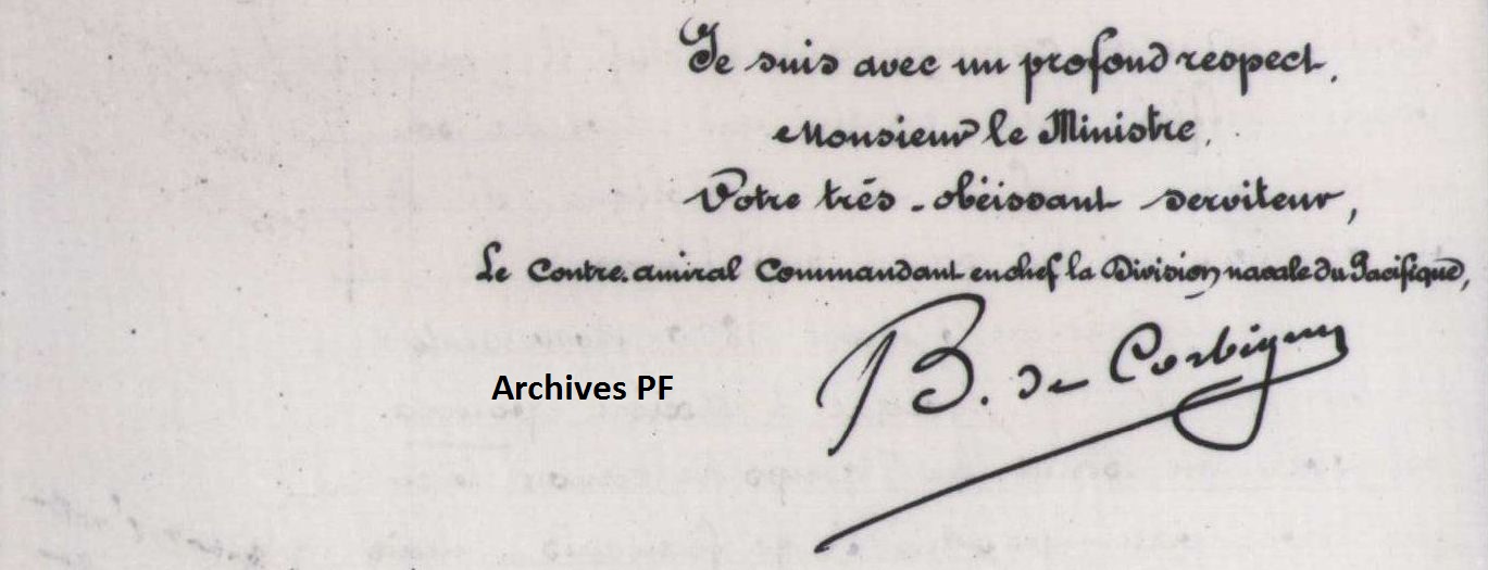 Lettre du contre-amiral de Corbigny au Ministre : Demande d’instructions pour la conduite à tenir vis-à-vis de Mgr d’Axiéri. 1881