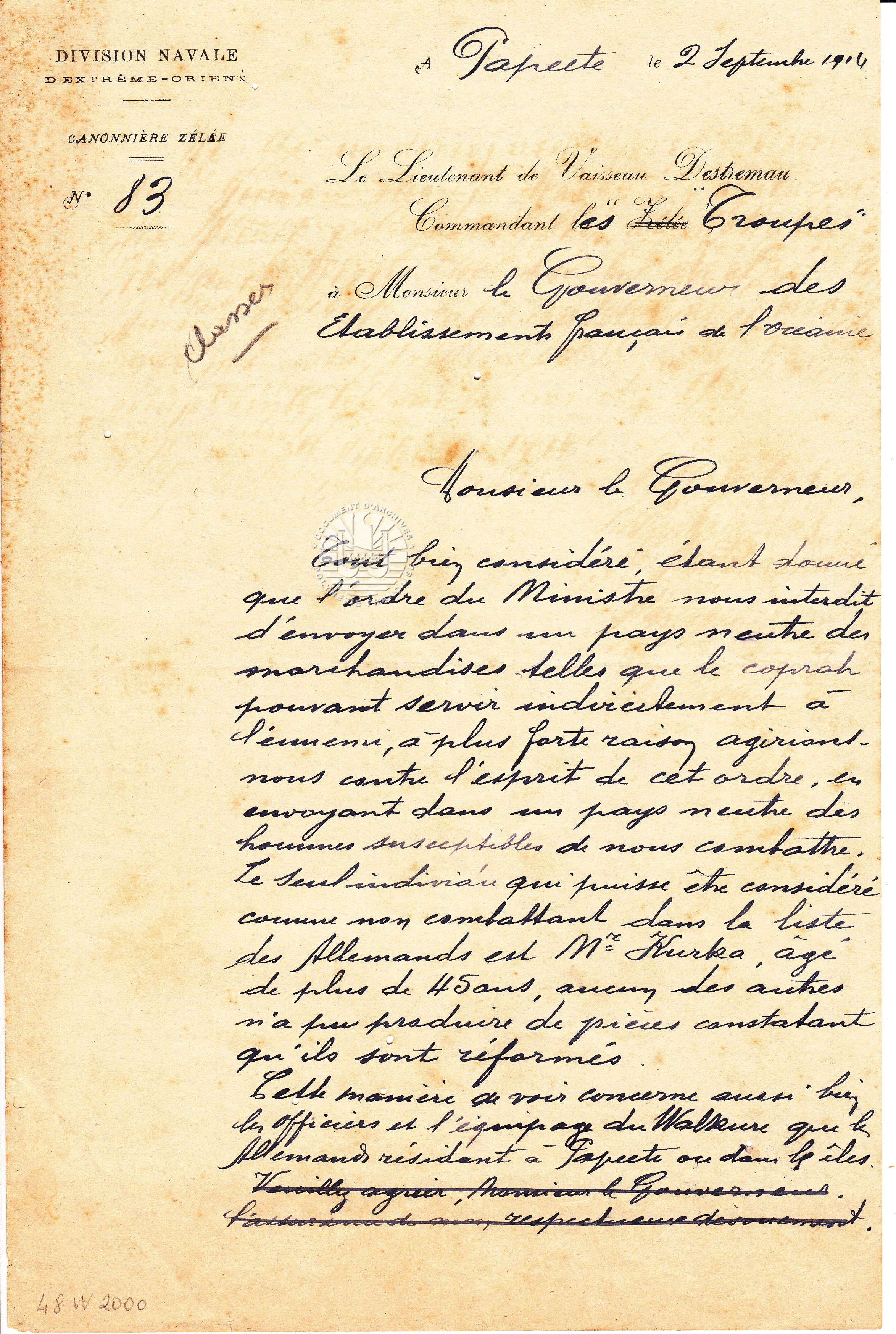 Lettre du Lieutenant de vaisseau Destremau commandant les troupes à M. le gouverneur des Etablissements français de l’Océanie du 2 septembre 1914