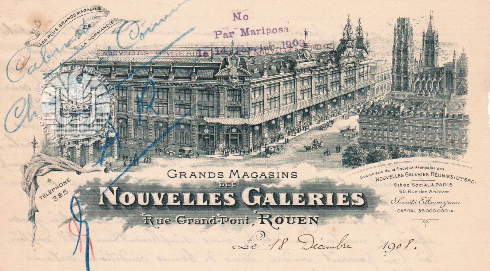 Demande de renseignements des  GRANDS MAGASINS DES NOUVELLES GALERIES de Rouen Décembre1908 – Mars 1909 (Dossier avec lettre, enquête et réponse)