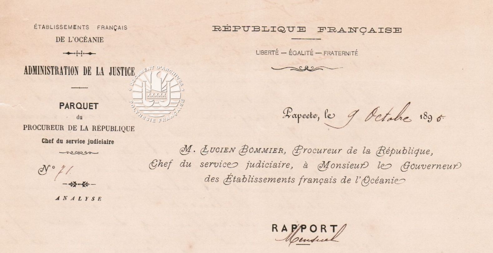 Rapport mensuel du Procureur de la République au Gouverneur 9 octobre 1895