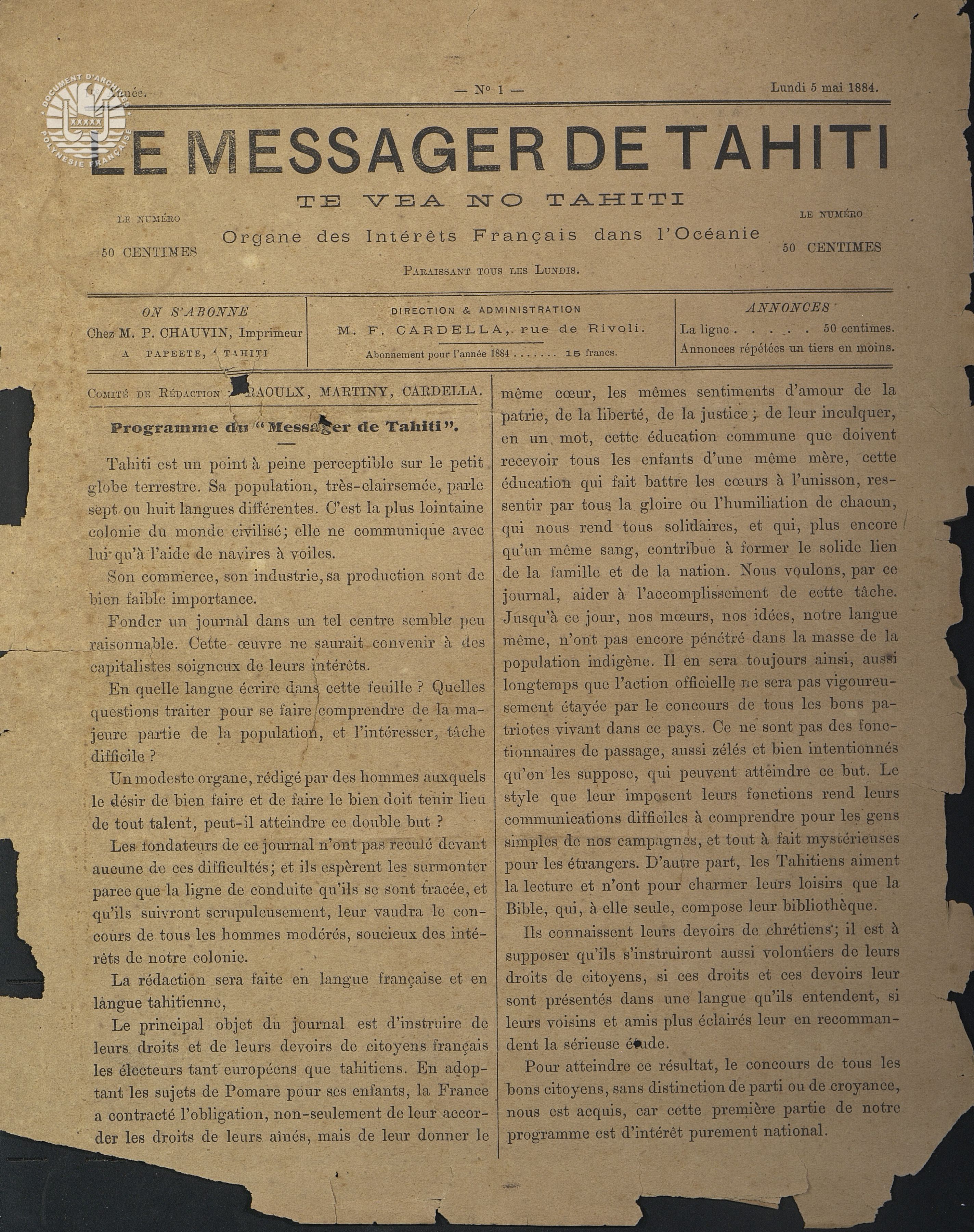 Messager N°1 1884 P1