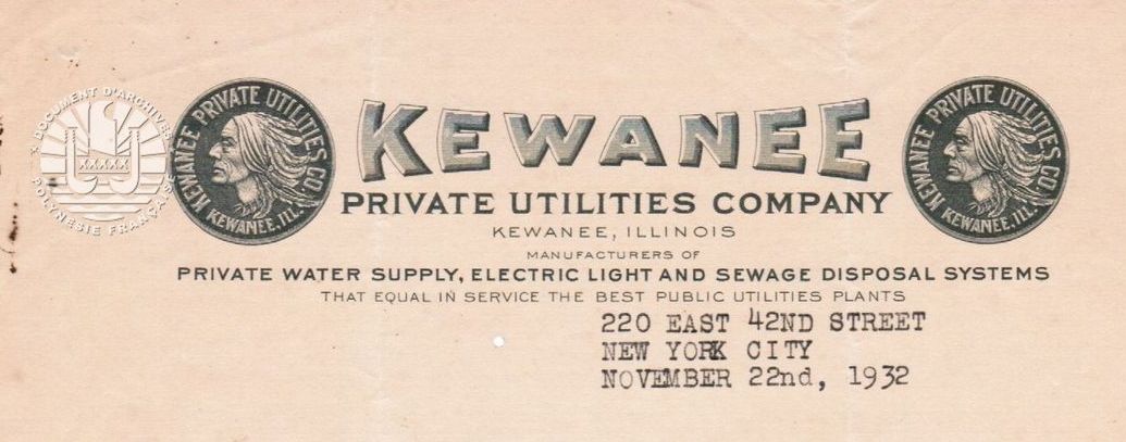 Offre de produits et de services des entreprises Schrader’s Son, Inc ET Kewanee Private Utilities Company 1906 et 1932